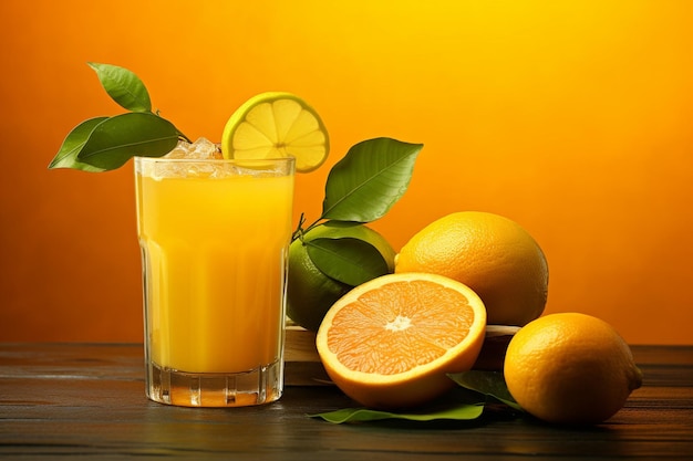 Photo freshly squeezed orange juice in a glass with a slice of lemon and a lime slice