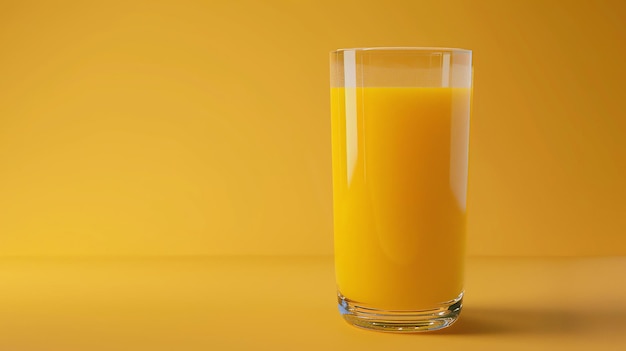 Photo freshly squeezed orange juice in a glass on a yellow background the perfect way to start your day