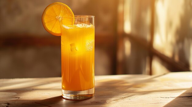 Freshly squeezed orange juice in a tall glass with a slice of orange on the rim