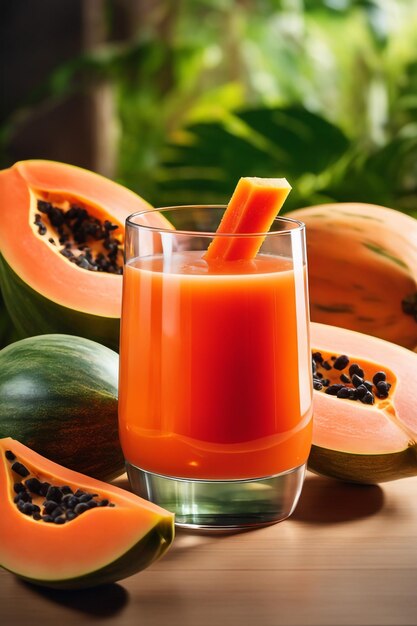 Foto succo di papaya appena spremuto in un bicchiere di bevanda sana