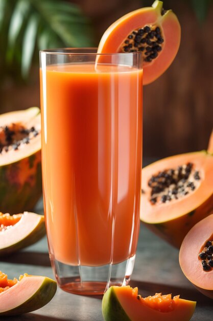 Foto succo di papaya appena spremuto in un bicchiere di bevanda sana