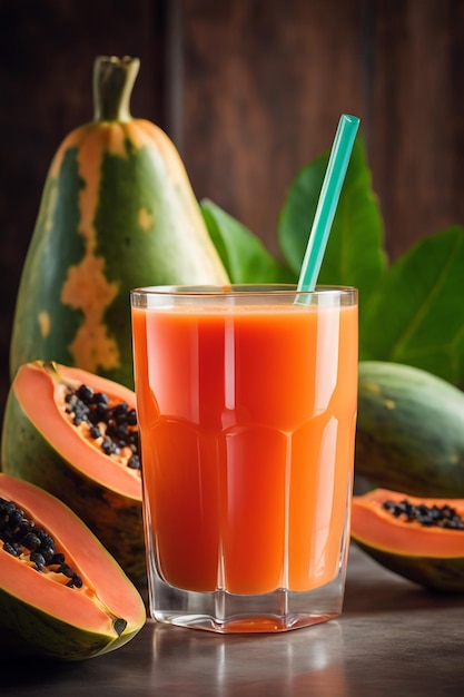 Foto succo di papaya appena spremuto in un bicchiere di bevanda sana