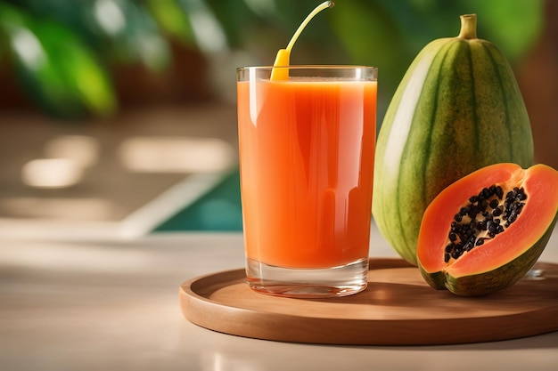 Foto succo di papaya appena spremuto in un bicchiere di bevanda sana