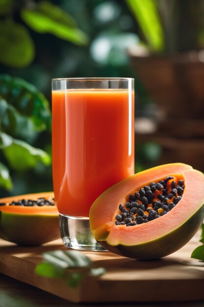 Foto succo di papaya appena spremuto in un bicchiere di bevanda sana