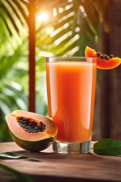 Foto succo di papaya appena spremuto in un bicchiere di bevanda sana