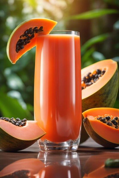 Foto succo di papaya appena spremuto in un bicchiere di bevanda sana