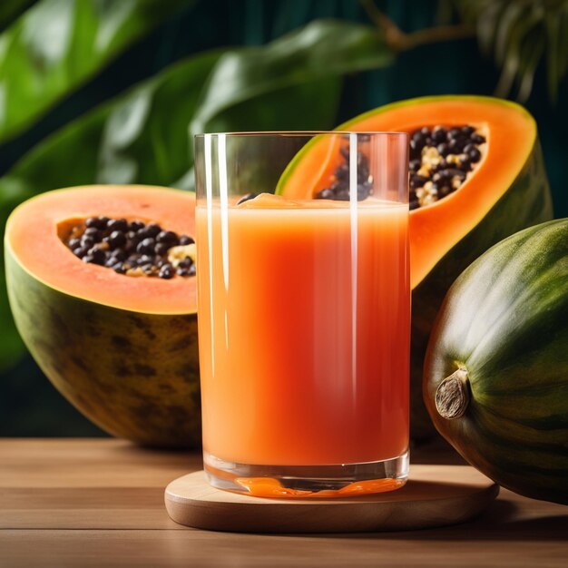 Foto succo di papaya appena spremuto in un bicchiere di bevanda sana