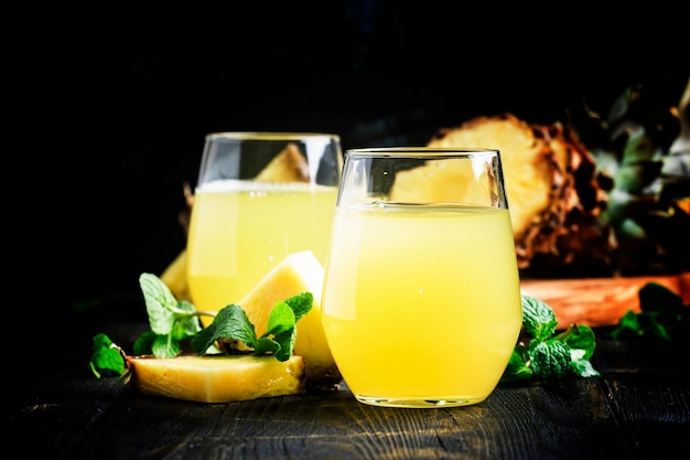 Freshly squeezed pineapple juice selective focus