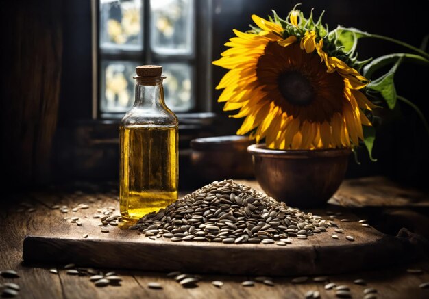 Freshly squeezed sunflower oil on a wooden table