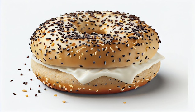 Freshly toasted sesame or everything bagel with cream cheese breakfast concept isolated