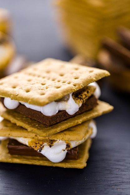 Freshly toasted smores with large white marshmallows.