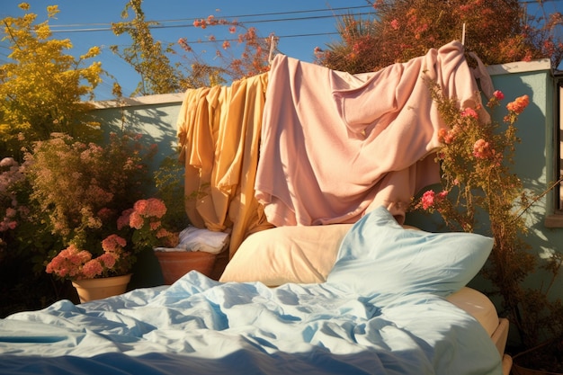 Freshly washed bedding hanging outdoors