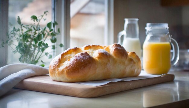 Freshlybaked baguette on wooden board against window Tasty bakery Morning natural light