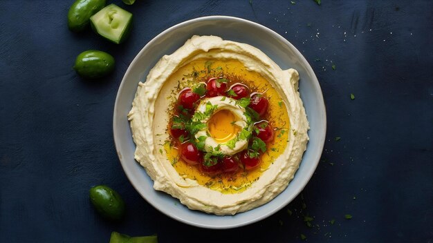 Freshmade oriental classic hummus served in bowl on the table