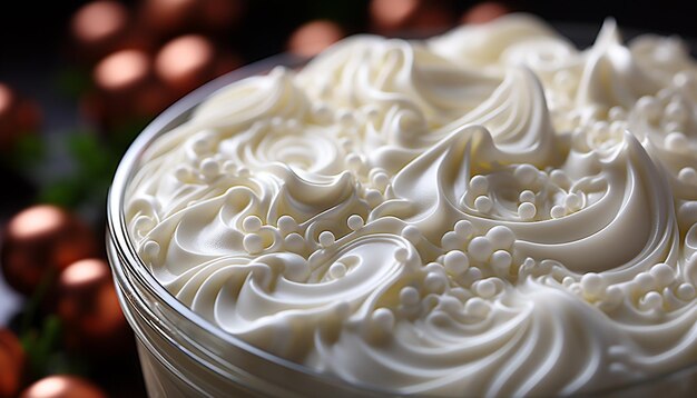 Фото Свежесть и удовольствие в кремовой тарелке с десертом, созданной искусственным интеллектом