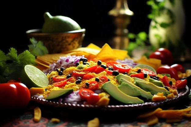 사진 집에서 만든 멕시코 채식 음식의 신선함과 향신료가 생성됩니다.