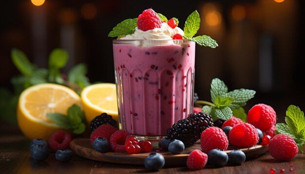 Freshness in a bowl raspberry blueberry and strawberry milkshake generated by AI