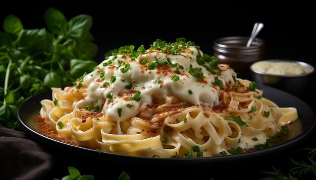 Photo freshness and flavor on a plate of homemade pasta generated by artificial intelligence