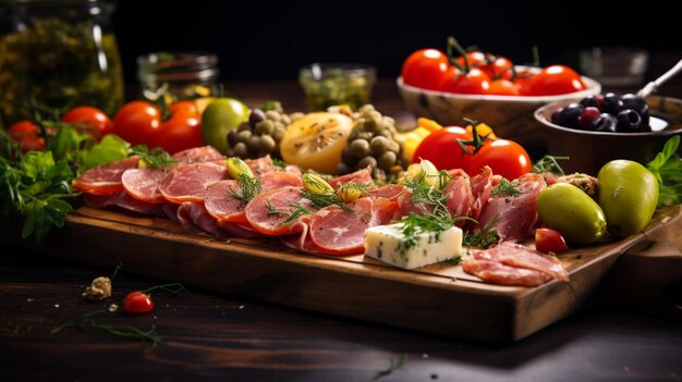 Foto freschezza e pasto gourmet su un tavolo di legno app