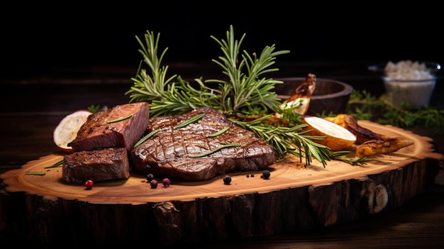 freshness and gourmet meat meal on a rustic wooden plate