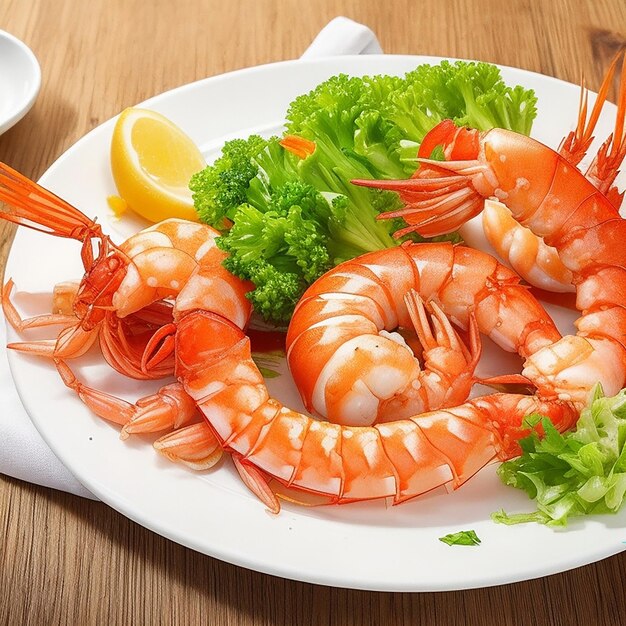 Freshness and gourmet seafood meal cooked prawn on wooden plate generated by ai