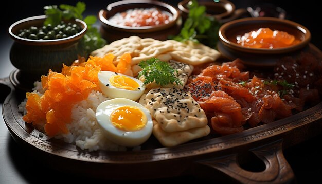 Photo freshness of grilled meat on wooden plate healthy eating staple generated by ai