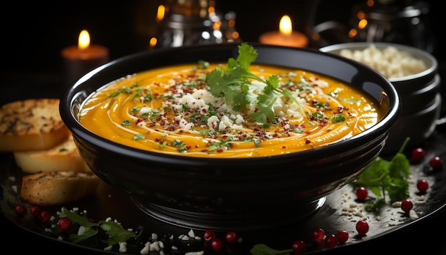 Photo freshness and heat combine in a gourmet pumpkin soup meal generated by ai