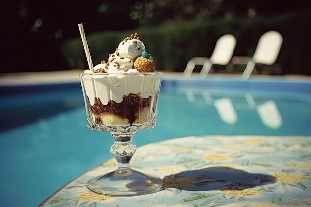 Freshness ice cream near swimming pool in seventies styleGenerative AI