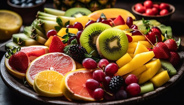 Photo freshness of nature bounty juicy ripe multi colored fruit salad generated by ai