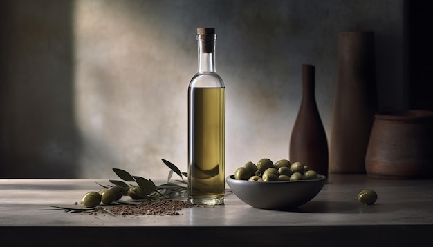 Freshness of nature bounty olive oil liquid gold on table generated by artificial intelligence