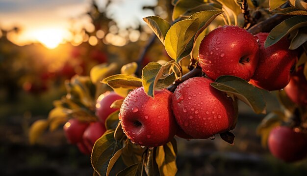 人工知能によって生成された、緑豊かな枝にある自然の恵みの熟した有機リンゴの新鮮さ