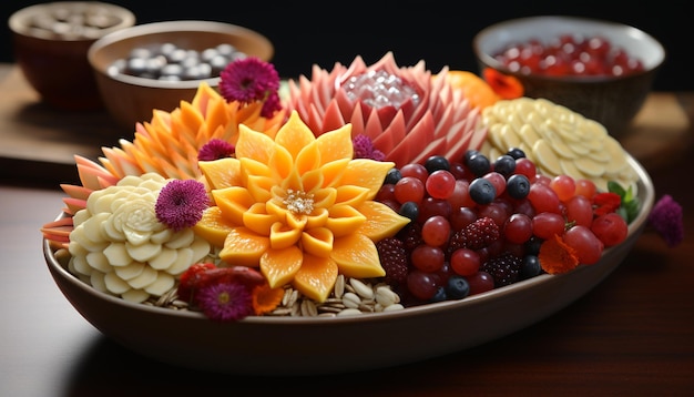 Foto freschezza e natura in una ciotola di frutta gourmet colorata generata dall'ai.