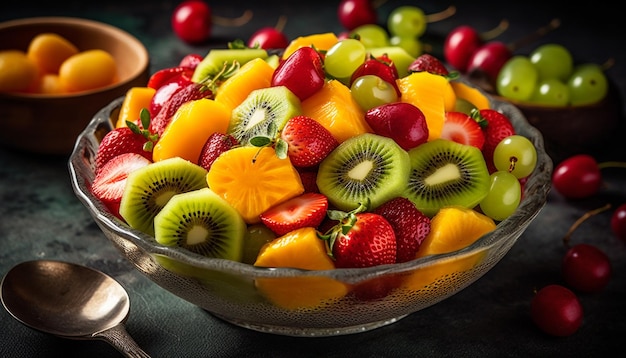 Freshness and nature in a bowl of colorful organic fruit salad generated by artificial intelligence