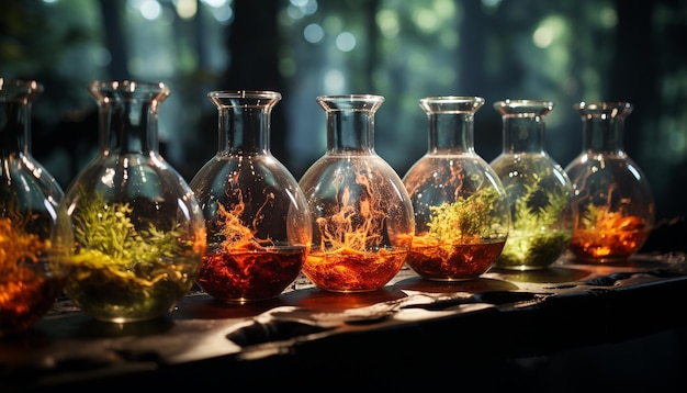 Свежесть в природе желтая жидкость в стеклянной бутылке на столе, созданная ИИ