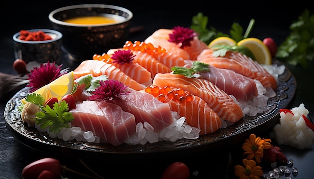 Freshness on a plate seafood sashimi meat fish vegetable fillet salad generated by artificial intelligence