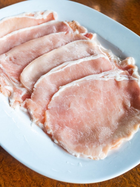 Photo freshness pork slices on dish.