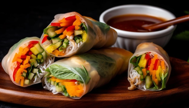 Photo freshness rolled up in a gourmet beef spring roll appetizer generated by ai