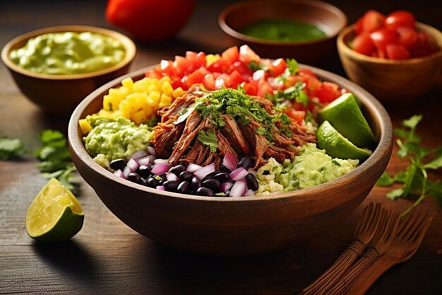 Freshness and spice in a bowl of guacamole and taco