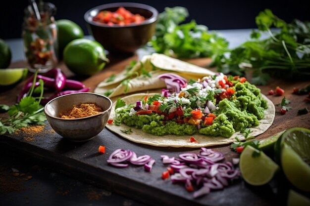 Freshness and spice in a bowl of guacamole and taco