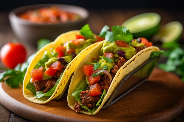 Freshness and spice in a bowl of guacamole and taco