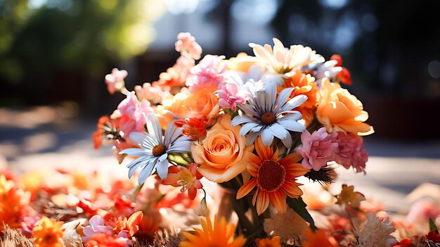 カラフルな花束の中の夏の花の爽やかさ