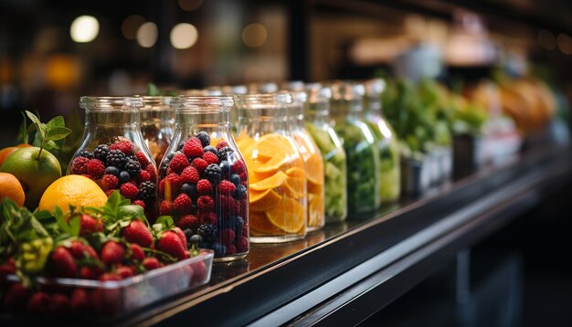 Foto freschezza dei frutti estivi lamponi fragole arancioni limoni mirtilli generati dall'ai