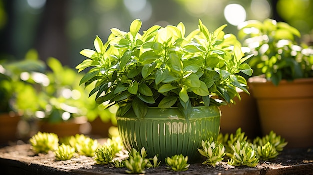 Freshness of summer green leaves flower pot blossoming beauty