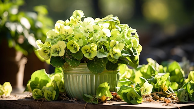 Freshness of summer green leaves flower pot blossoming beauty