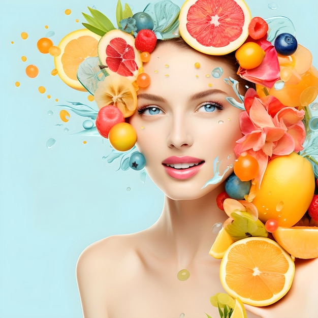 Freshness Unveiled Woman Embracing Skincare and Fruits for Radiance