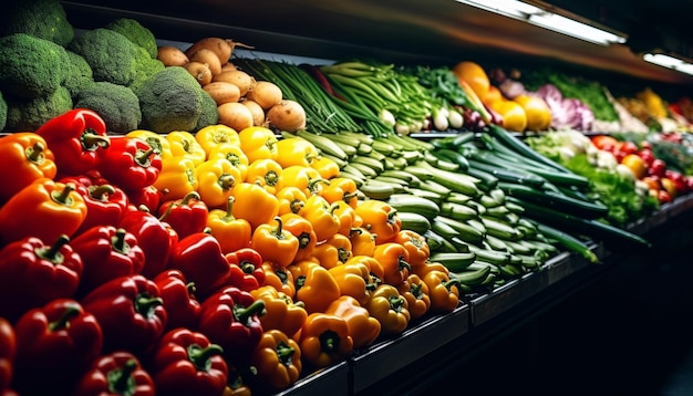 Photo freshness and variety of organic vegetables in a healthy supermarket generated by artificial intelligence