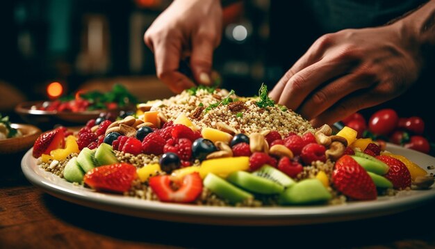 Foto freschezza e varietà su un piatto un pasto gourmet fatto in casa generato dall'intelligenza artificiale