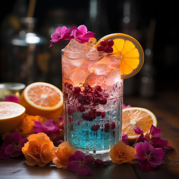 Freshness and vibrancy in a colorful fruit cocktail on a table