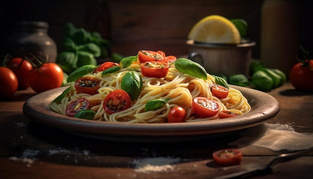 Freshness on a wooden table a gourmet Italian vegetarian meal generated by artificial intelligence