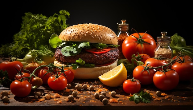 Photo freshness on a wooden table grilled burger healthy salad generated by ai